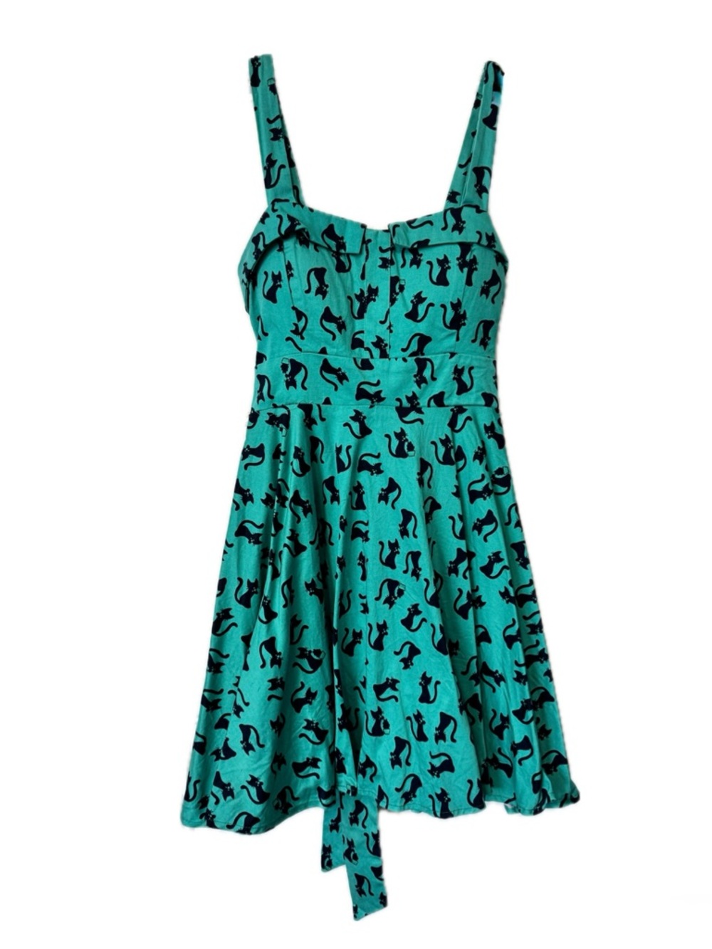 Ixia Teal Black Cat Print Fit & Flare Dress Medium Retro Pinup Rockabilly